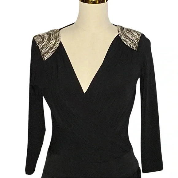 CACHE | Black Faux Wrap Shoulder Embedded Ruched Cocktail Mini Dress Size S - Picture 8 of 10